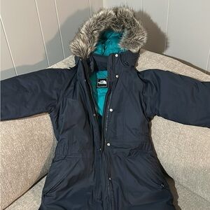 The North Face Women's Dark Blue Ski Jacket with Faux Fur Hood